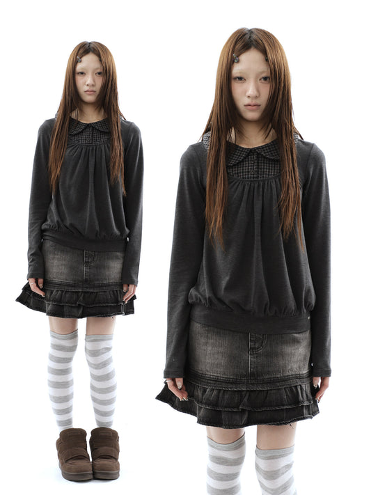 Plaid Collar Gathered Layered Long Sleeve Top