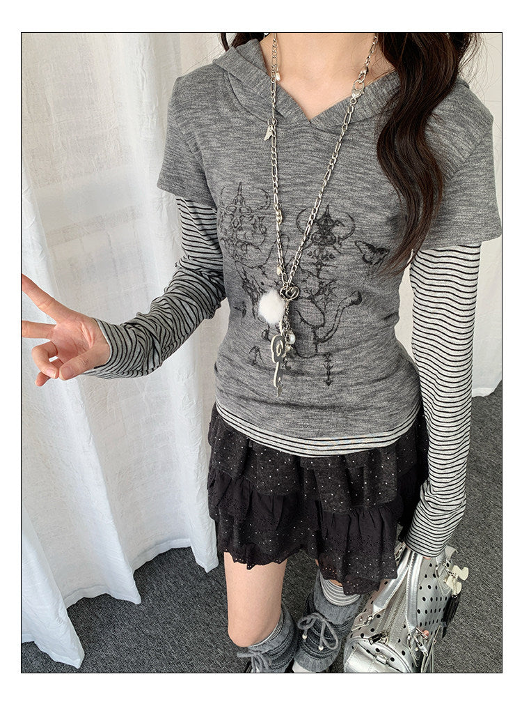 Striped Layered Hooded Graphic Long Sleeve Top
