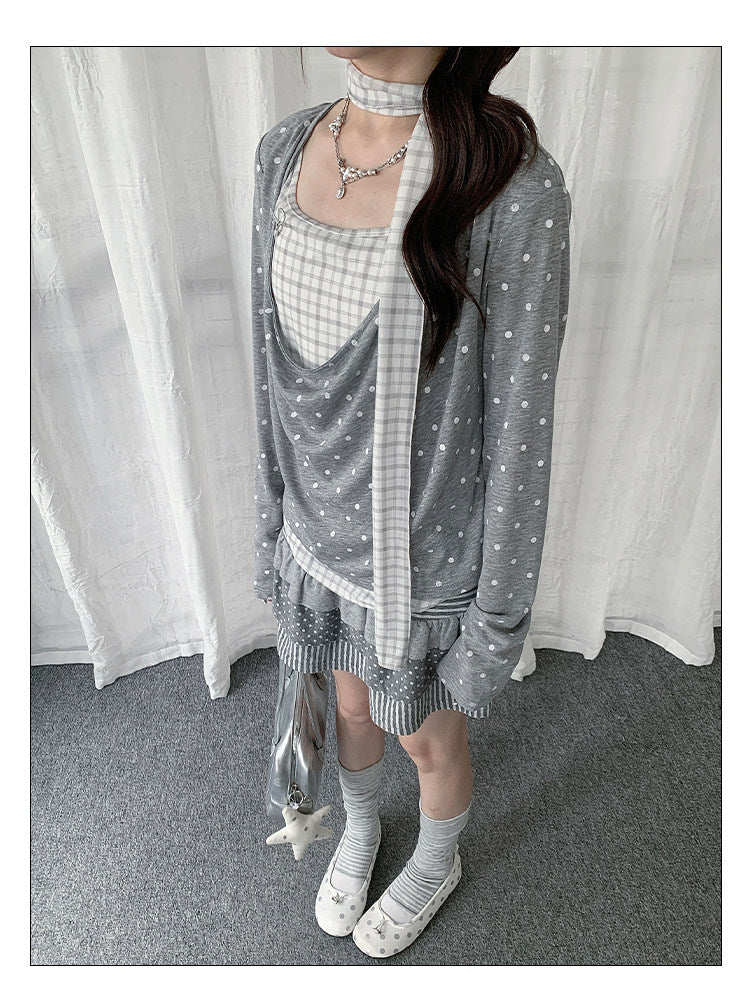 Polka Dot Plaid Scarf Layered Long Sleeve Top