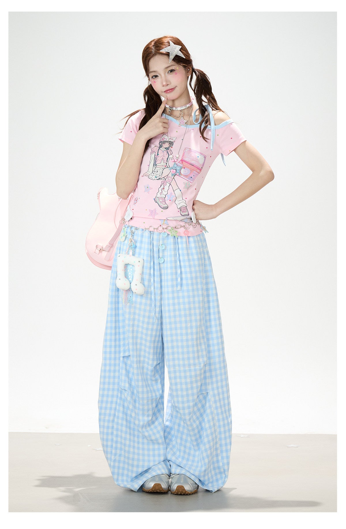 Gingham Oversized Wide-Leg Cargo Pants