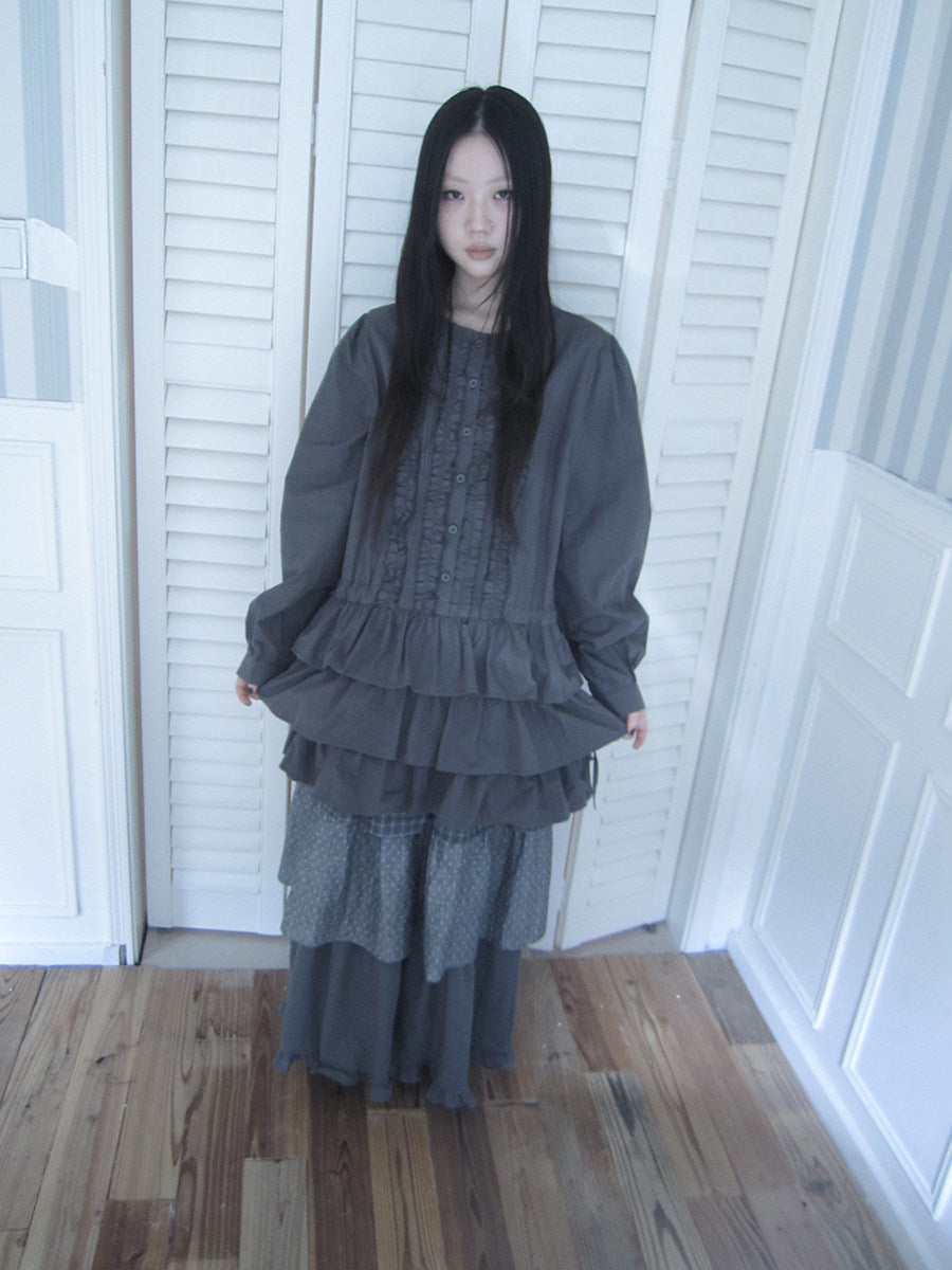 Ruffle-Trim Button Tiered Long Sleeve Tunic Top