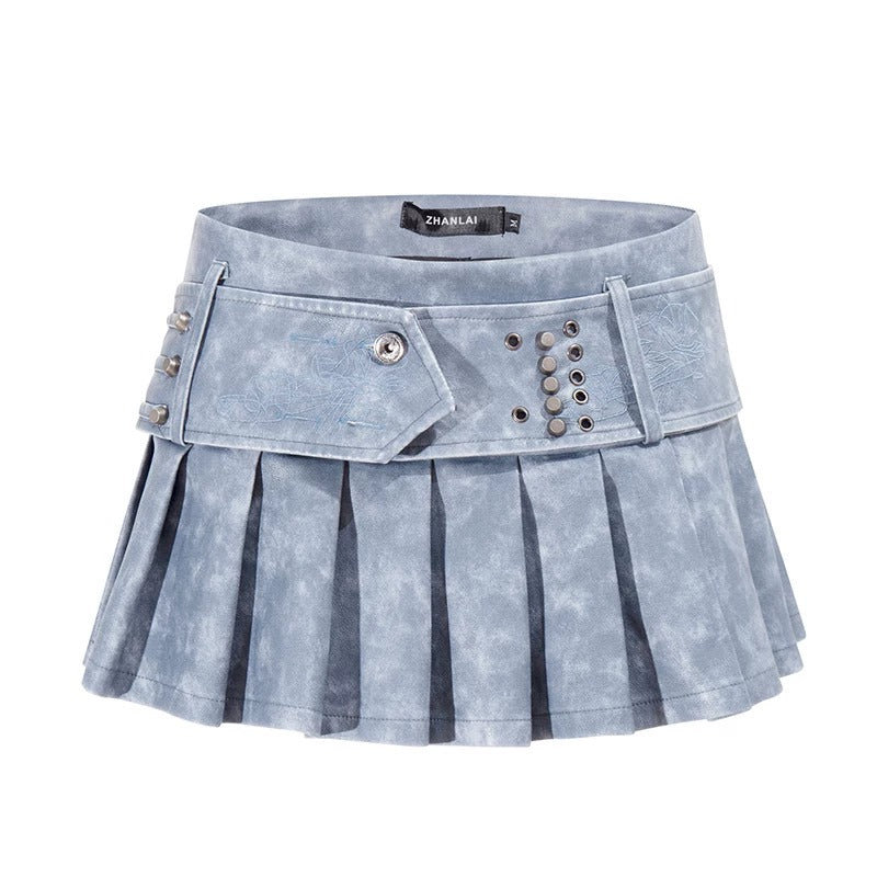 Utility Button Zip-Up Hoodie & Blue Pleated Mini Skirt