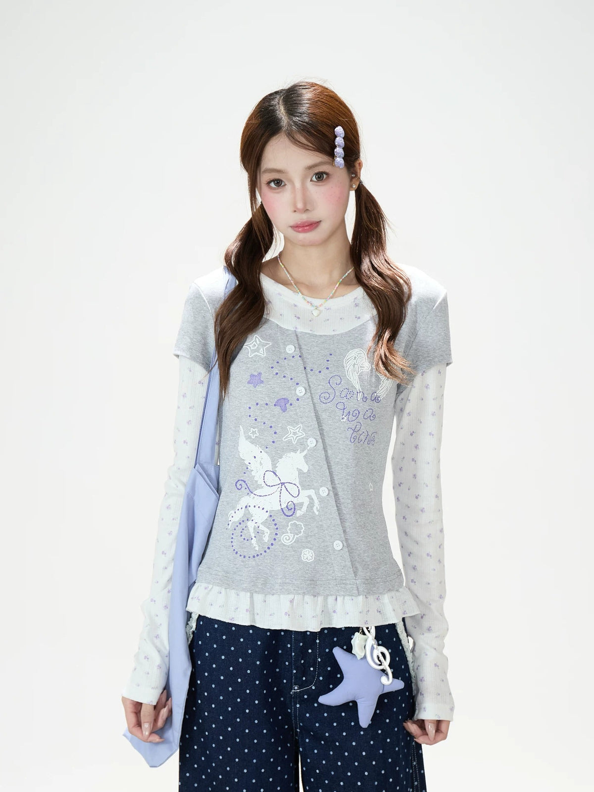 Floral Layered Long Sleeve Top & Navy Polka-Dot Wide-Leg Pants