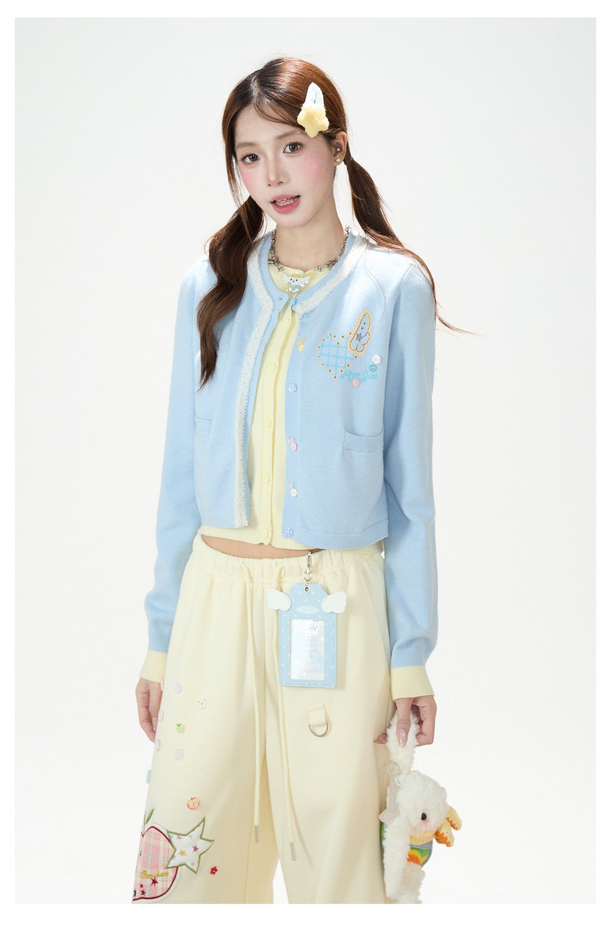 Faux Layered Soft Knit Cardigan & Apple Star Patch Wide-Leg Pants