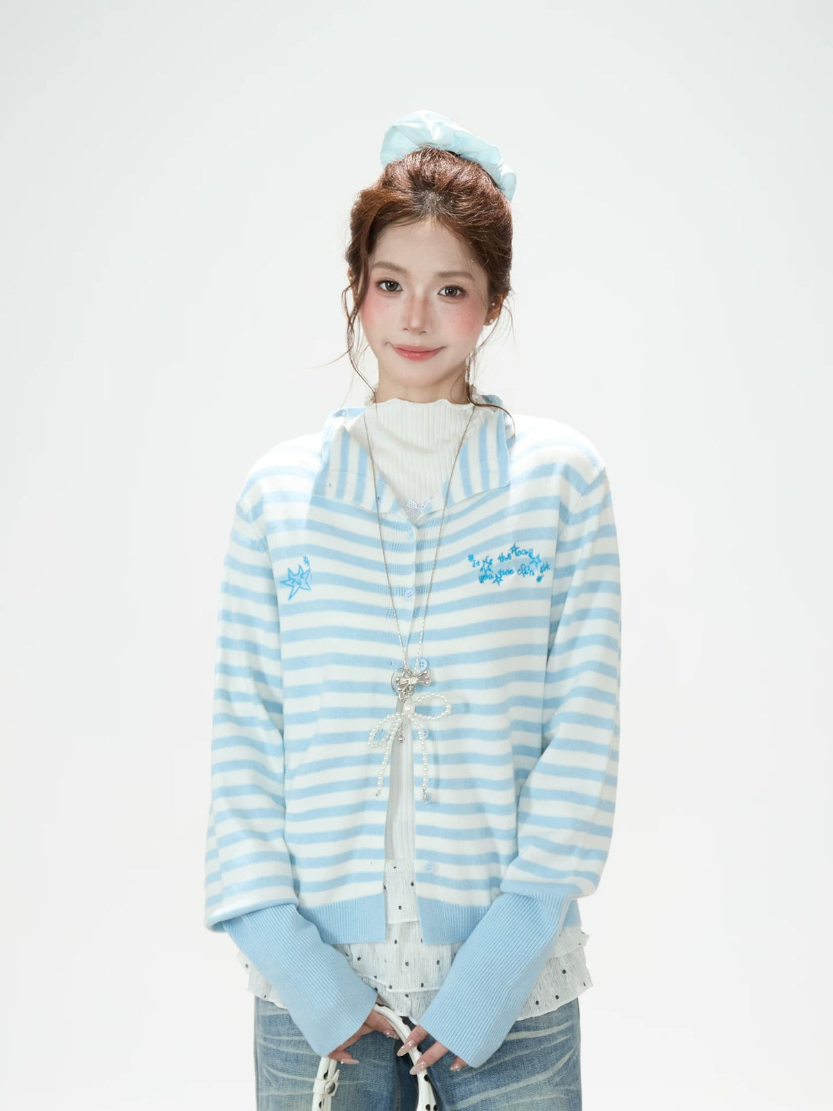 Soft Stripe Embroidered Knit Cardigan