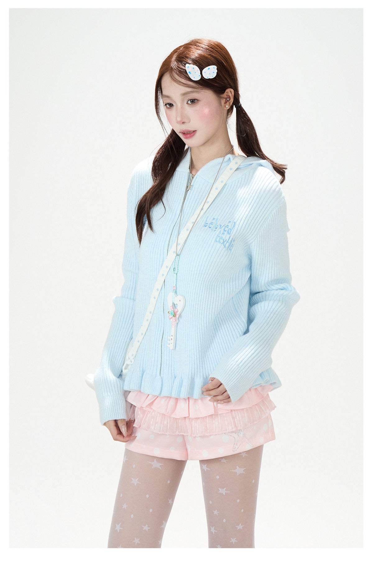 Cat-Ear Hooded Knit Zip Cardigan & Pink Ruffle Shorts
