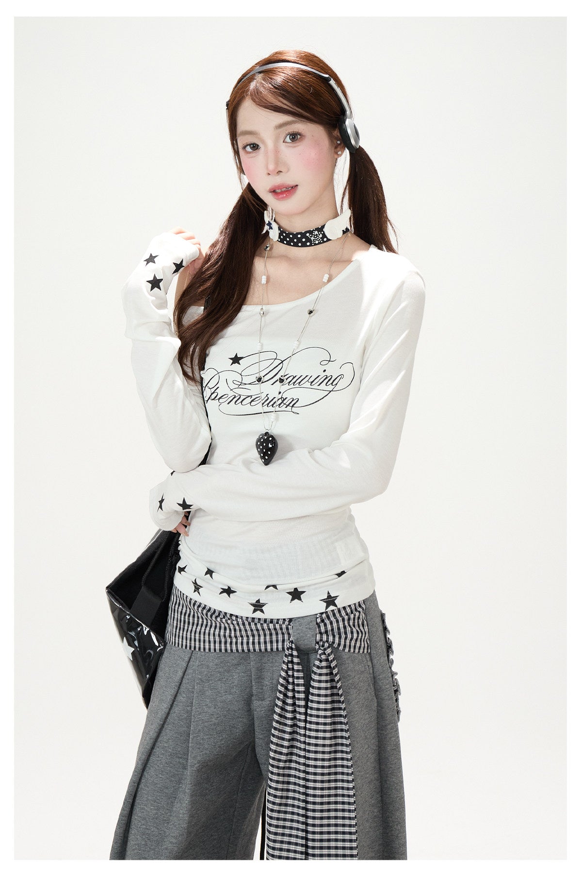 Star Letter Off-Shoulder Long Sleeve Top & Gray Graphic Wide-Leg Pants