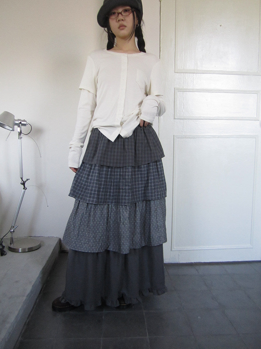 Layered Plaid & Polka Dot Tiered Maxi Skirt