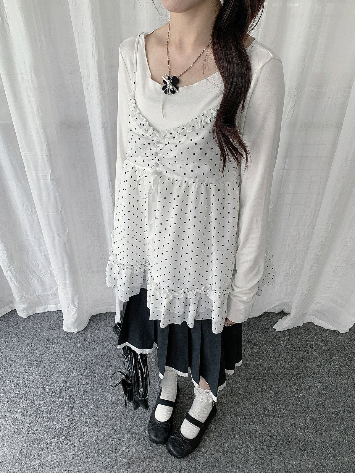 Polka Dot Lace Cami & Long Sleeve Two-Piece Set