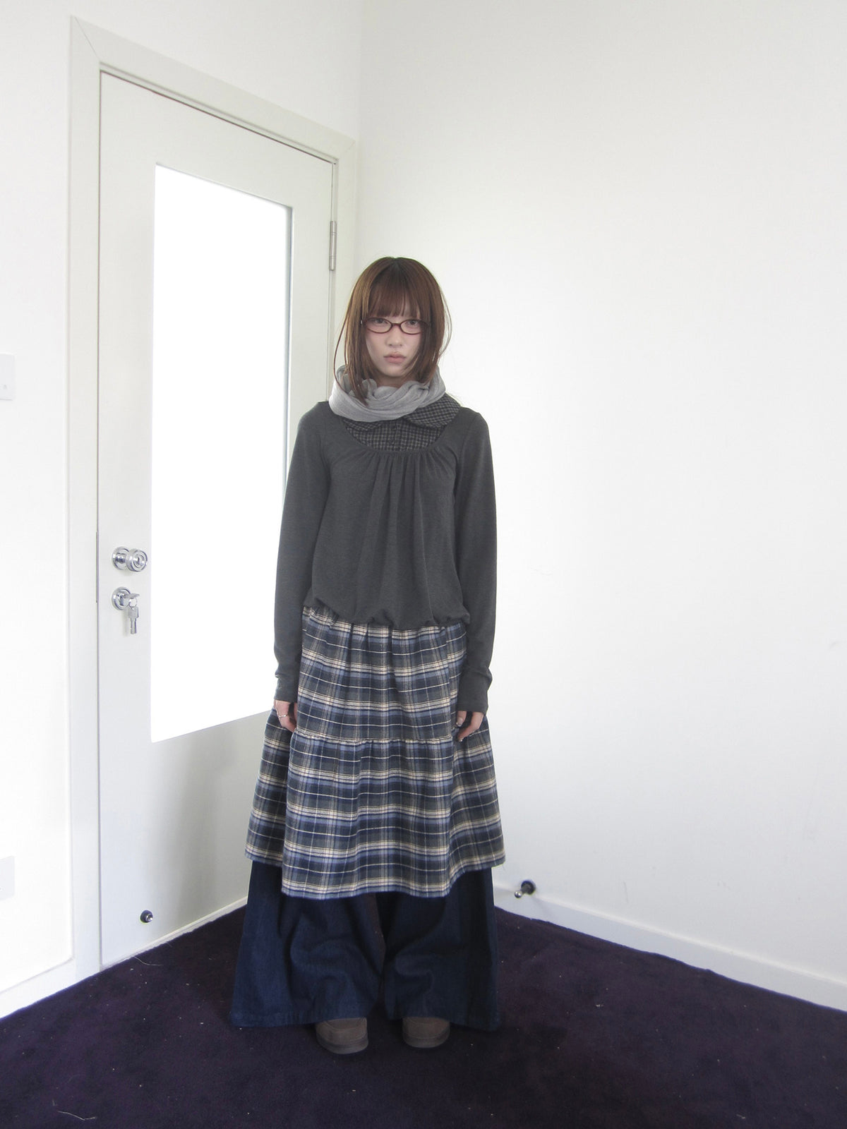 Plaid Collar Gathered Layered Long Sleeve Top