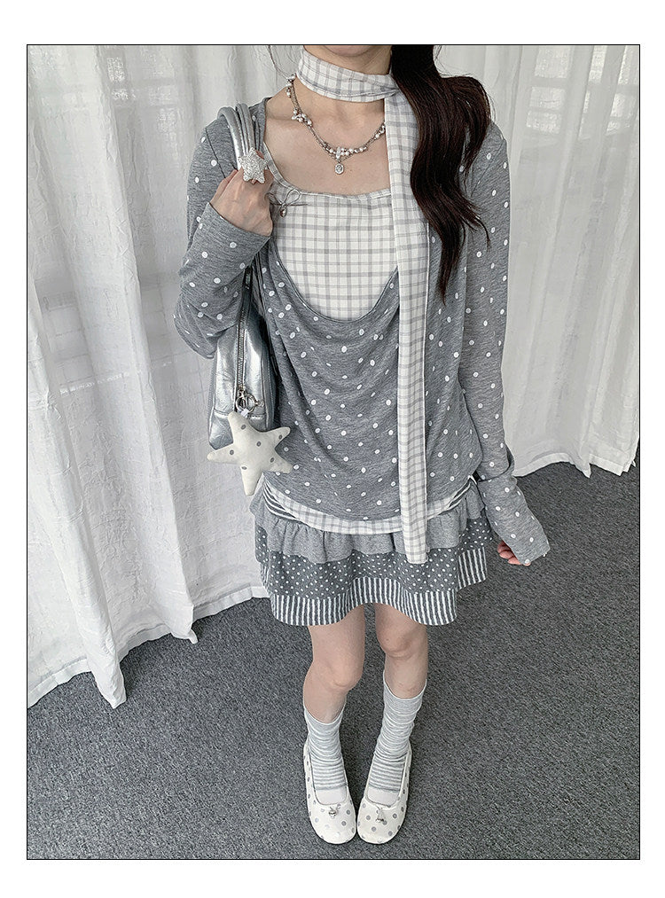 Polka Dot Plaid Scarf Layered Long Sleeve Top
