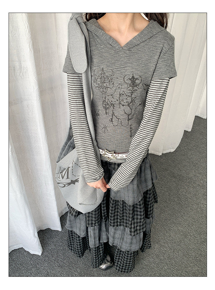 Striped Layered Hooded Graphic Long Sleeve Top