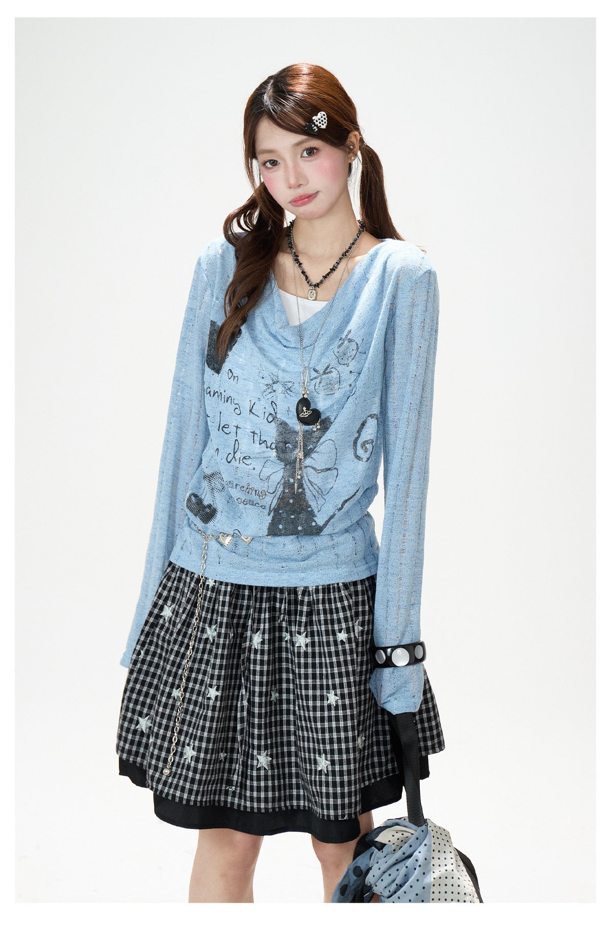 Graffiti Cutout Cowl-Neck Long Sleeve Top & Star Plaid Mini Skirt