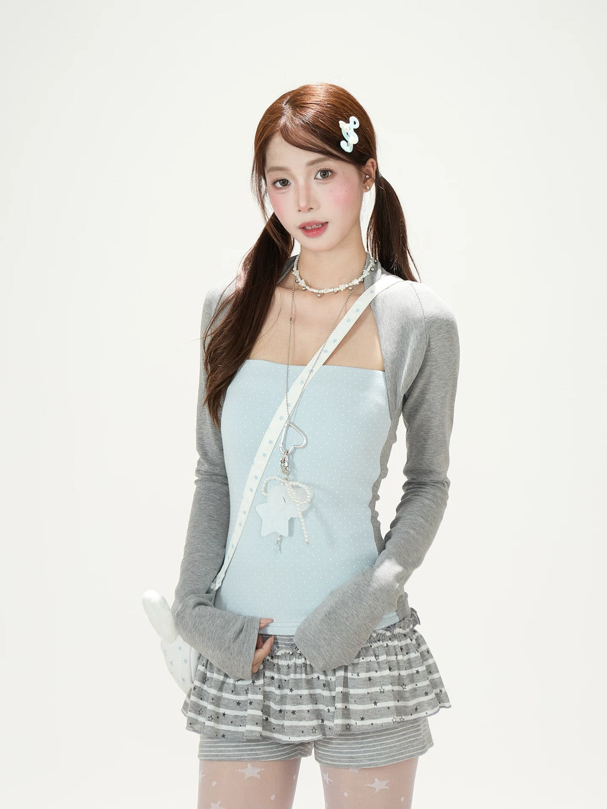 Polka-Dot Layered Cami Long Sleeve Top & Gray Flared Pants