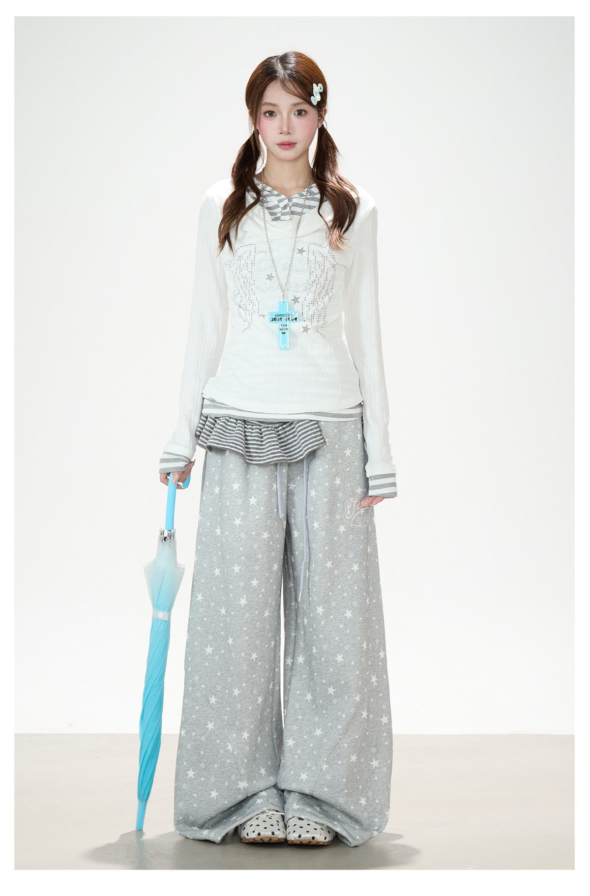 Cowl-Neck Hooded Layered Long Sleeve Top & Gray Wide-Leg Pants