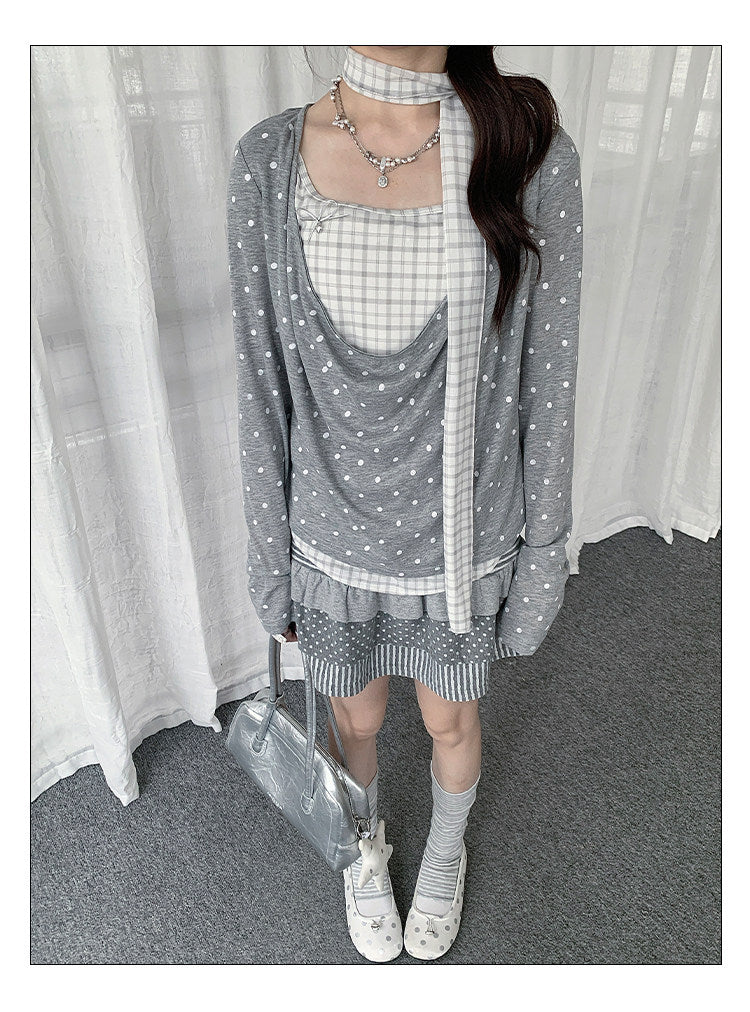 Polka Dot Plaid Scarf Layered Long Sleeve Top