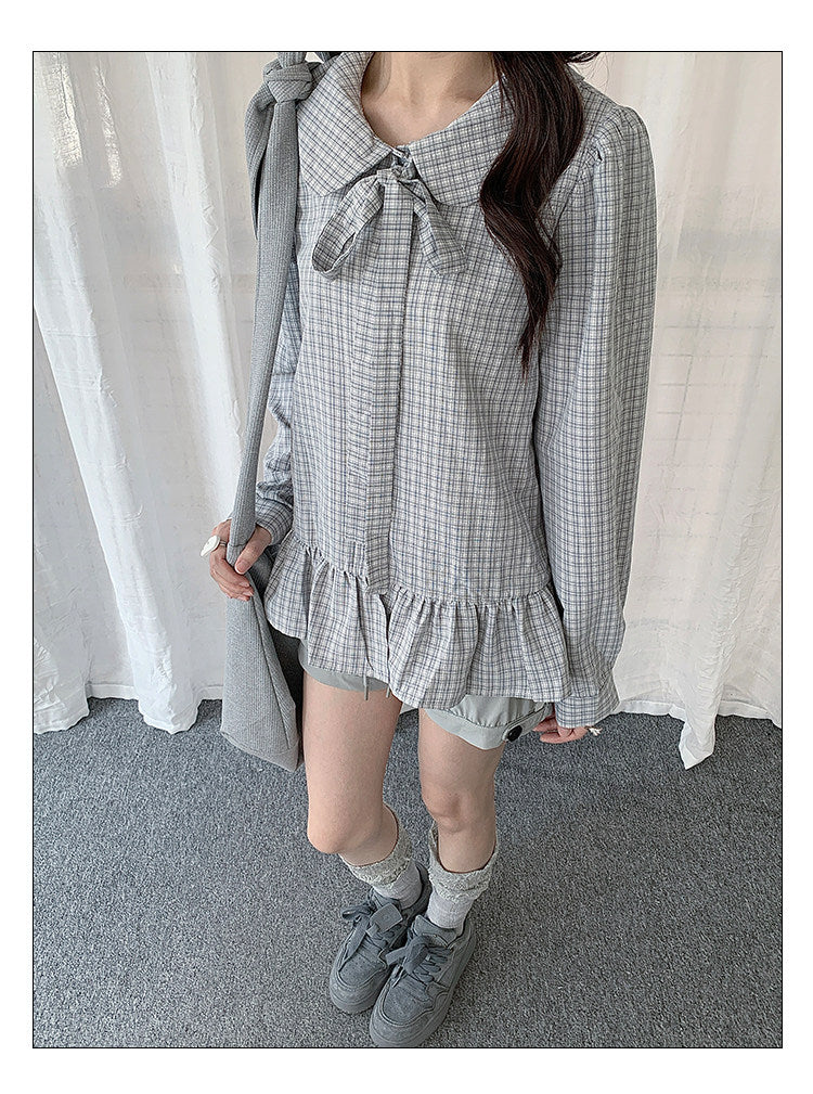 Plaid Bow Collar Ruffle Long Sleeve Blouse