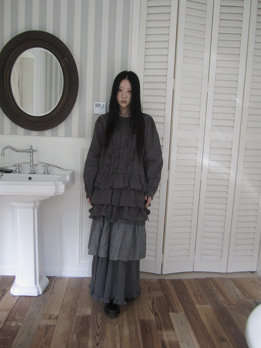 Ruffle-Trim Button Tiered Long Sleeve Tunic Top