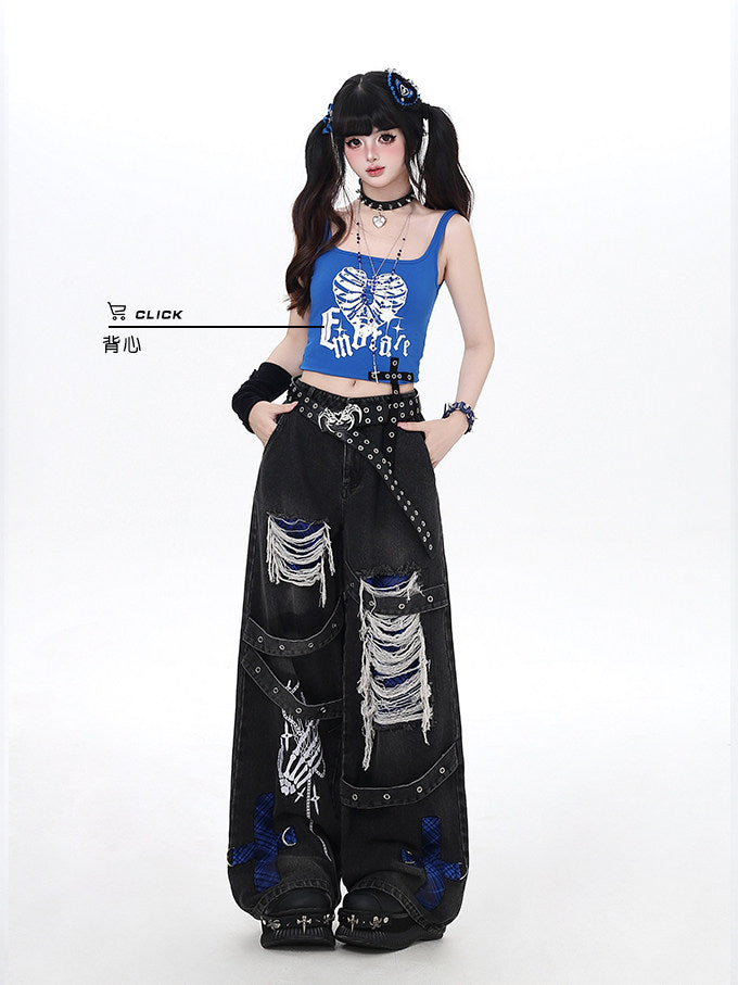 Skeleton Hand Distressed Strap Wide-Leg Jeans