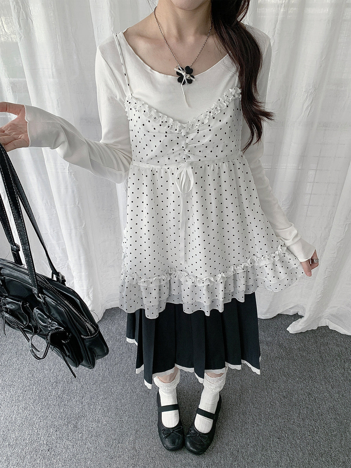Polka Dot Lace Cami & Long Sleeve Two-Piece Set