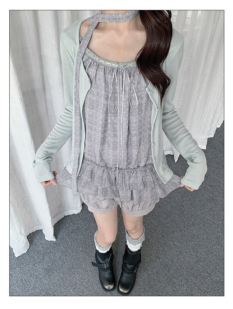 Polka Dot Lace Trim Cami & Cardigan Set