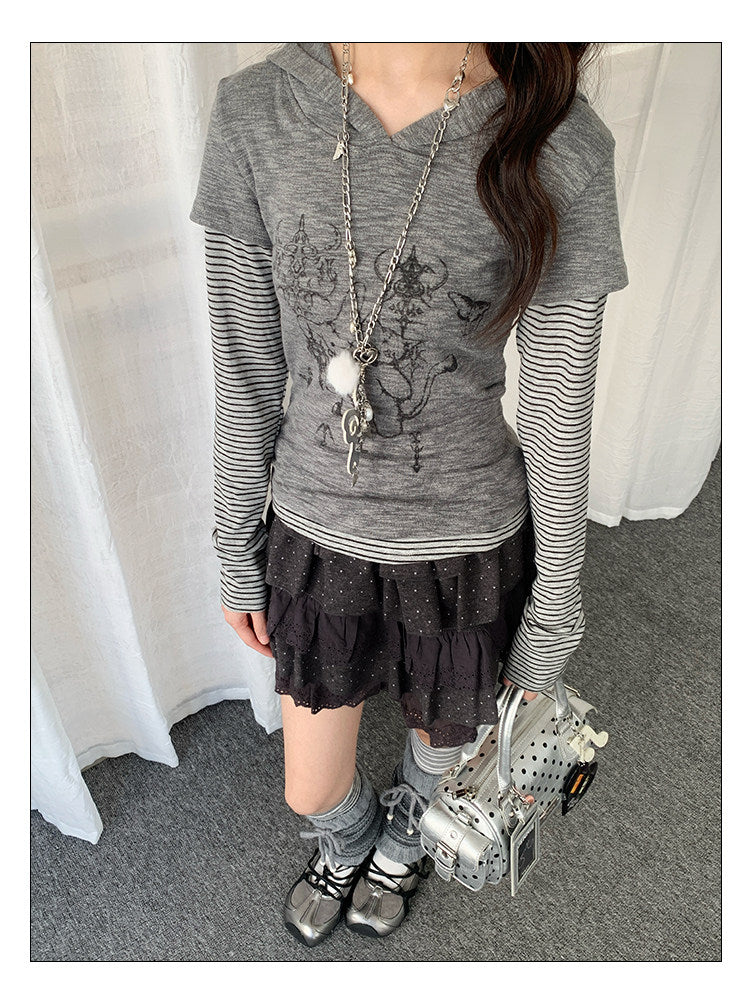 Striped Layered Hooded Graphic Long Sleeve Top