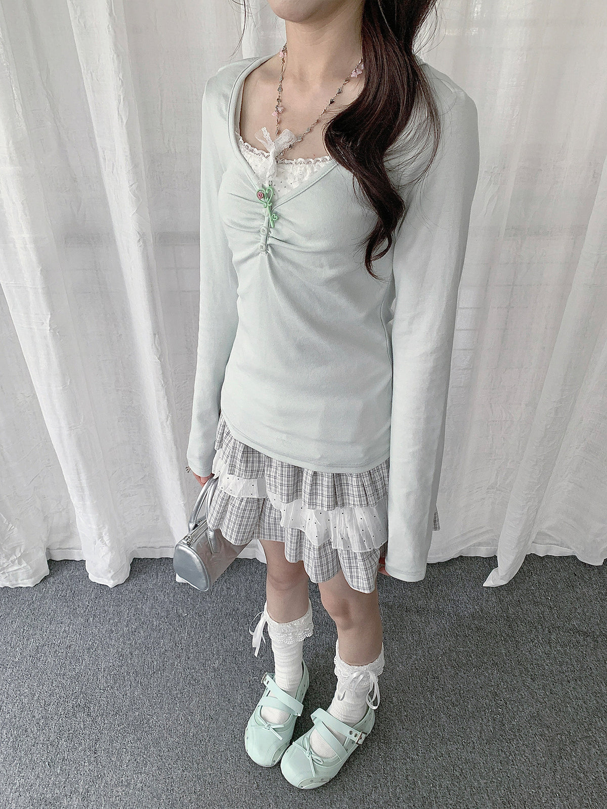 Lace Ruched Layered Long Sleeve Top