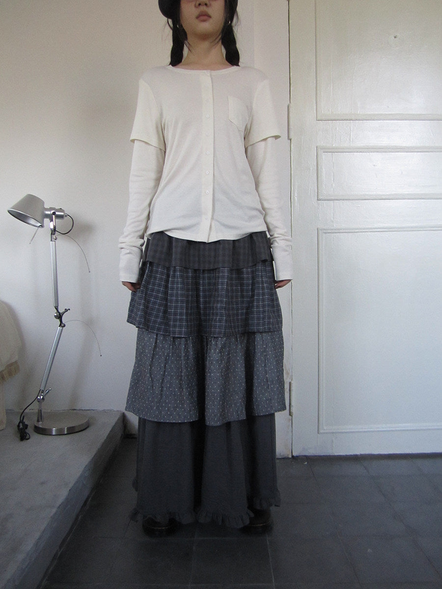 Layered Plaid & Polka Dot Tiered Maxi Skirt