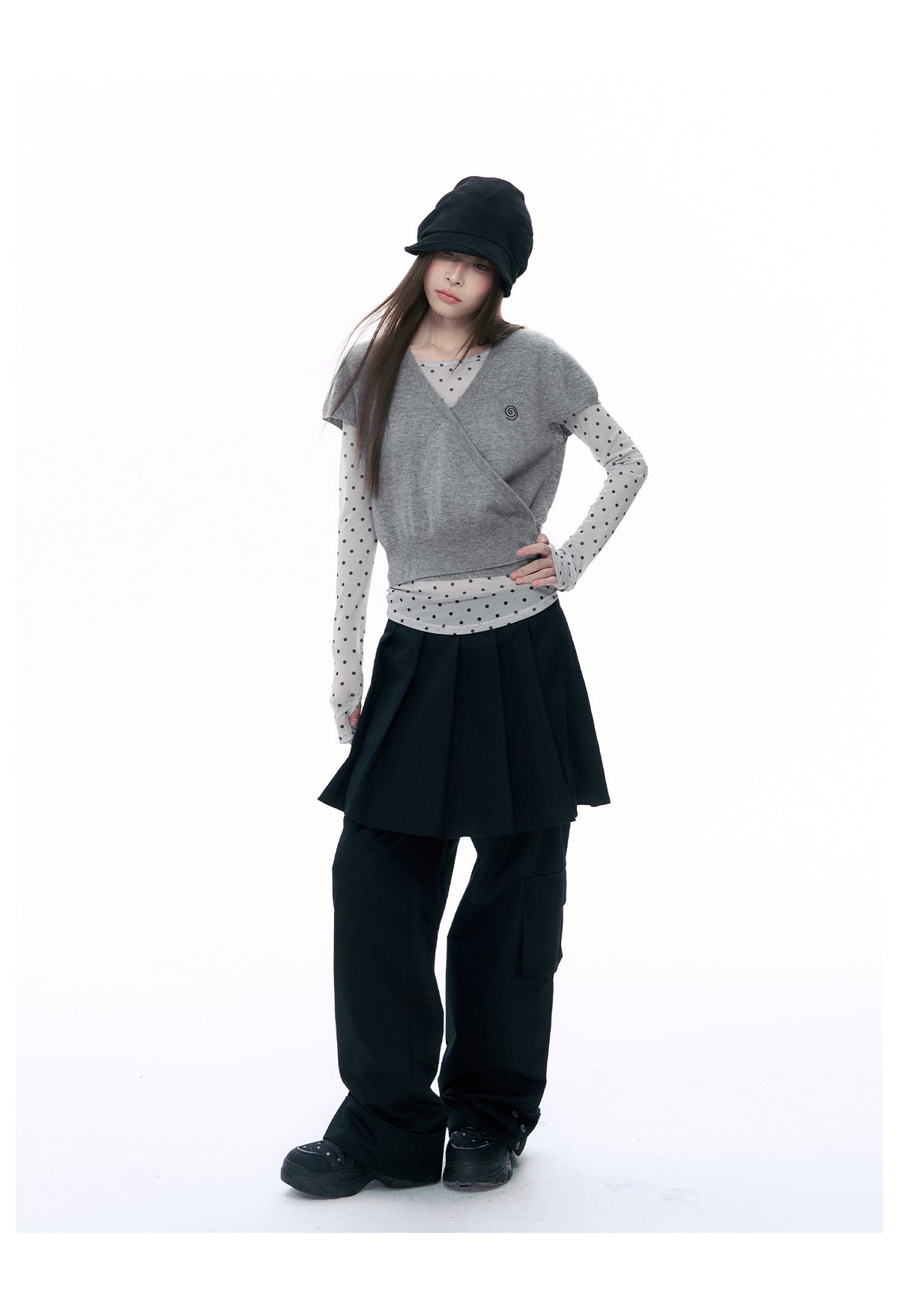 Pleated Skirt-Overlay Cargo Wide-Leg Pants
