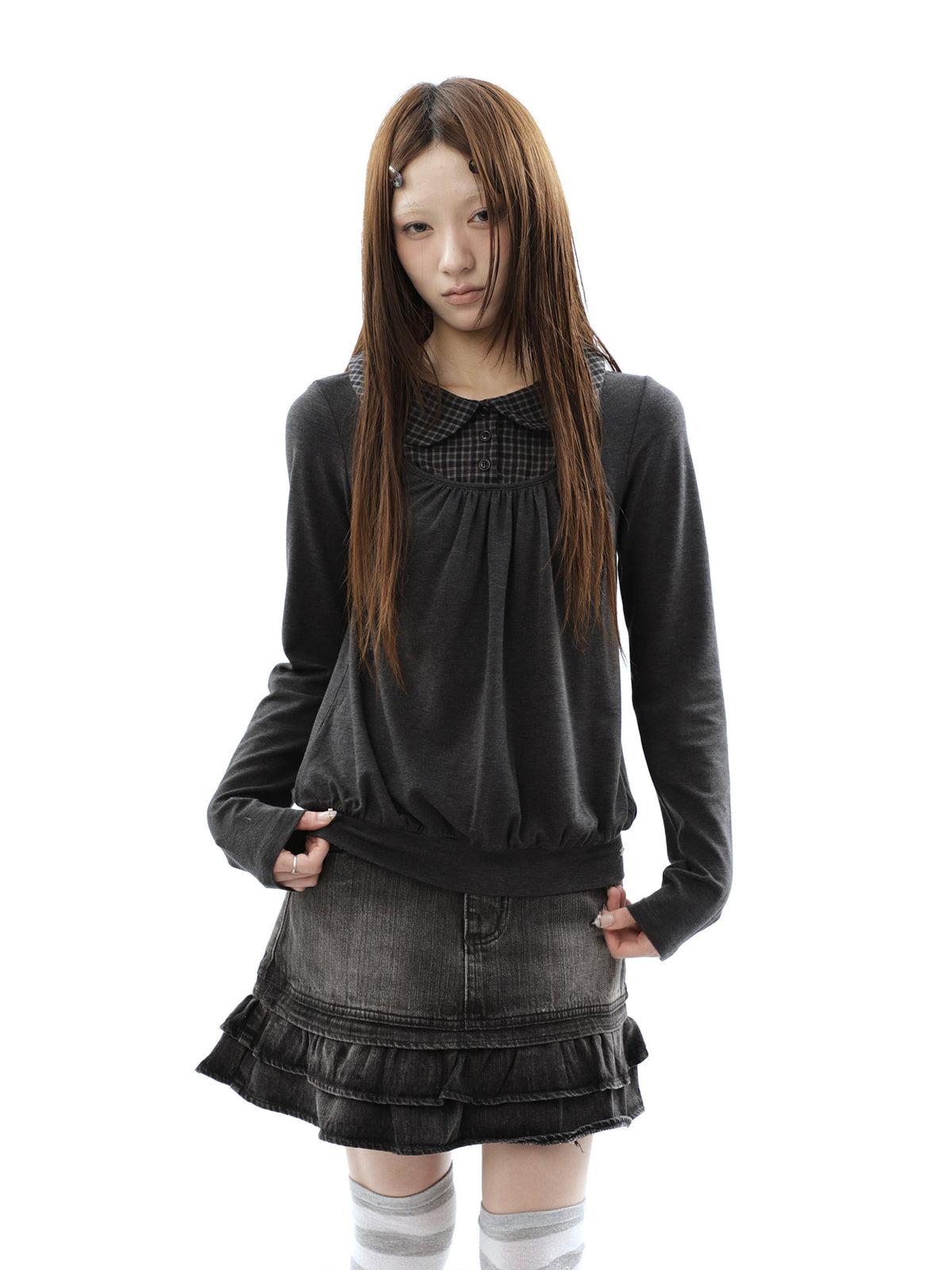 Plaid Collar Gathered Layered Long Sleeve Top