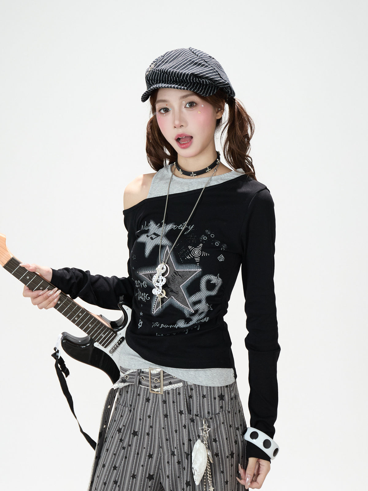 Star Melody Off-Shoulder Long Sleeve Top & Contrast Pocket Wide-Leg Pants