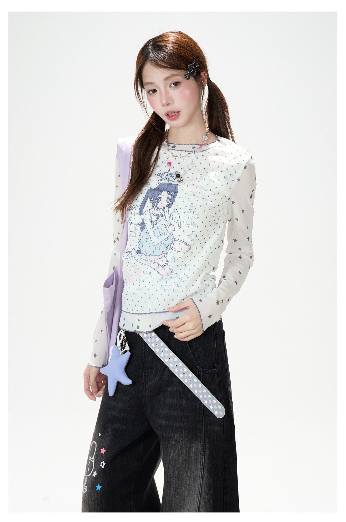 Anime Star Polka-Dot Mesh Long Sleeve Top & Bunny Graphic Wide-Leg Jeans
