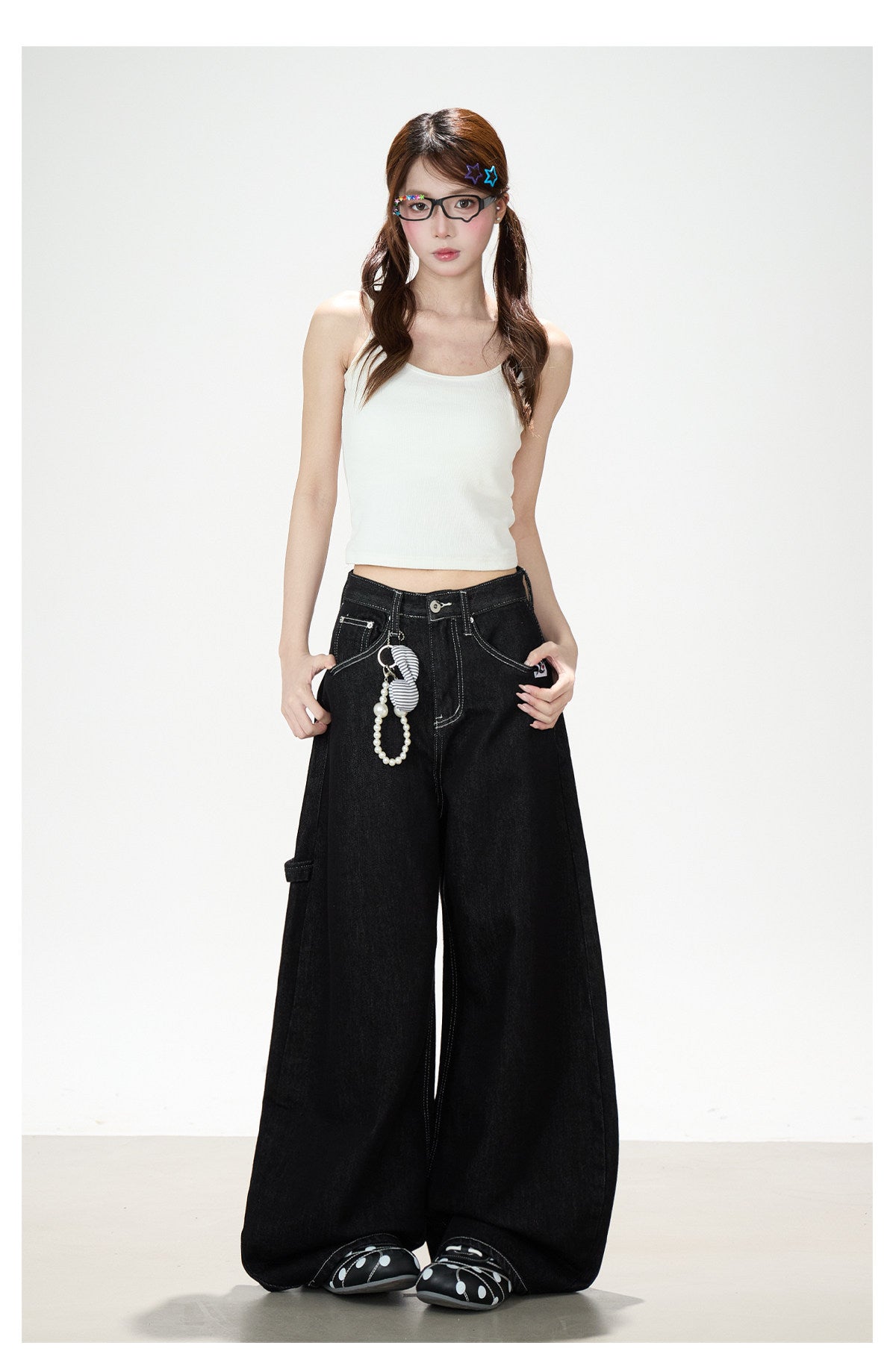 Washed Black Curved Wide-Leg Jeans