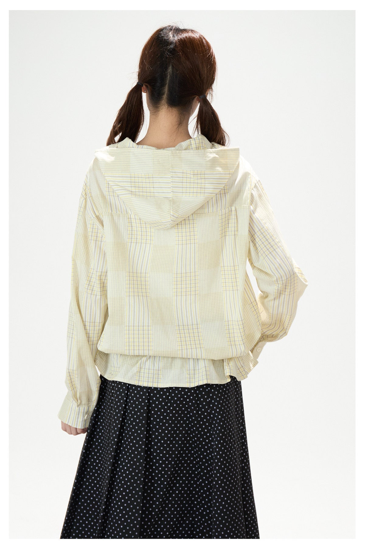 Plaid Hooded Long Sleeve Shirt & Black Polka-Dot Midi Skirt