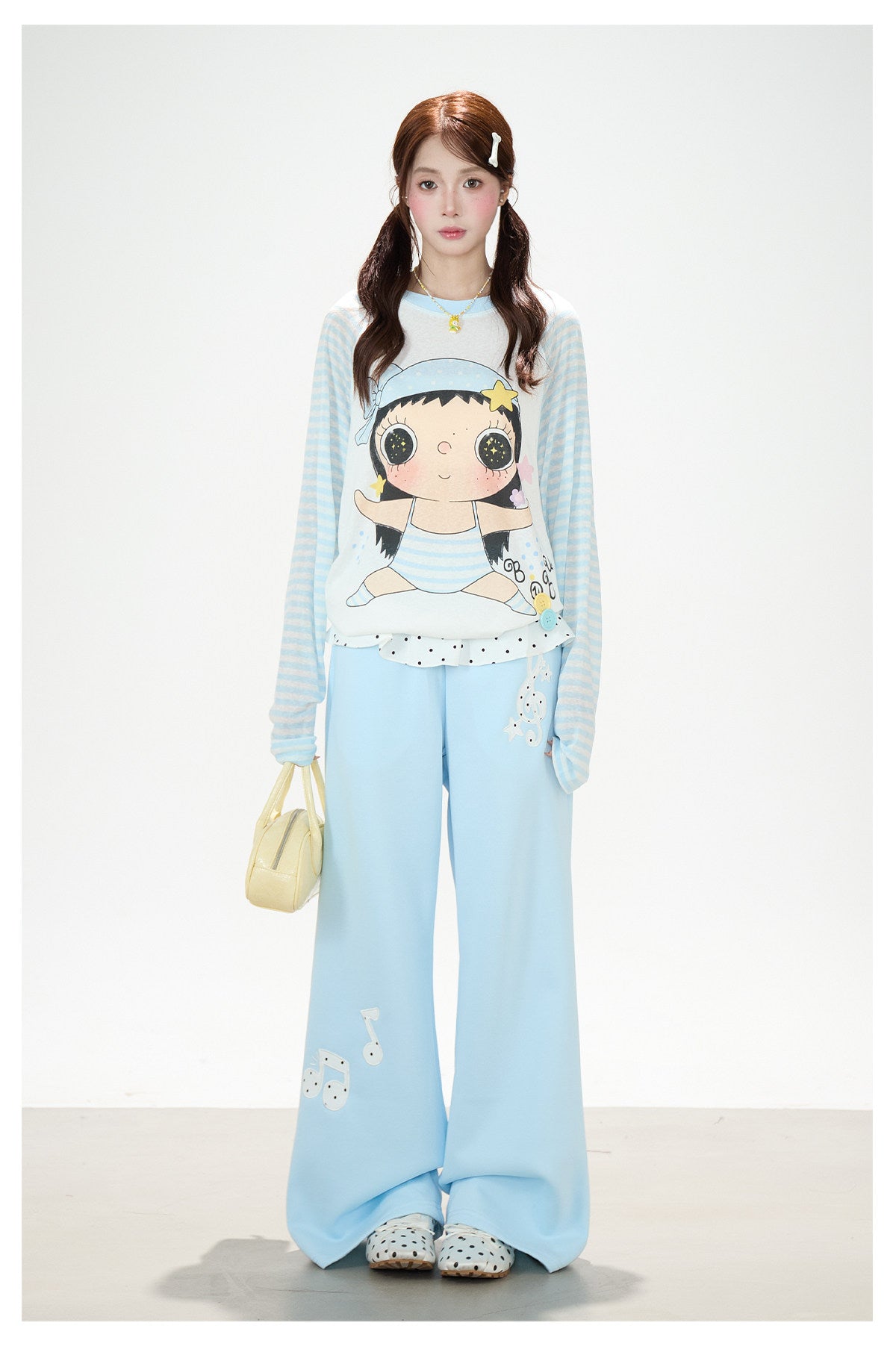 Cartoon Girl Stripe Raglan Long Sleeve Top & Black Polka-Dot Ruffle Skirt