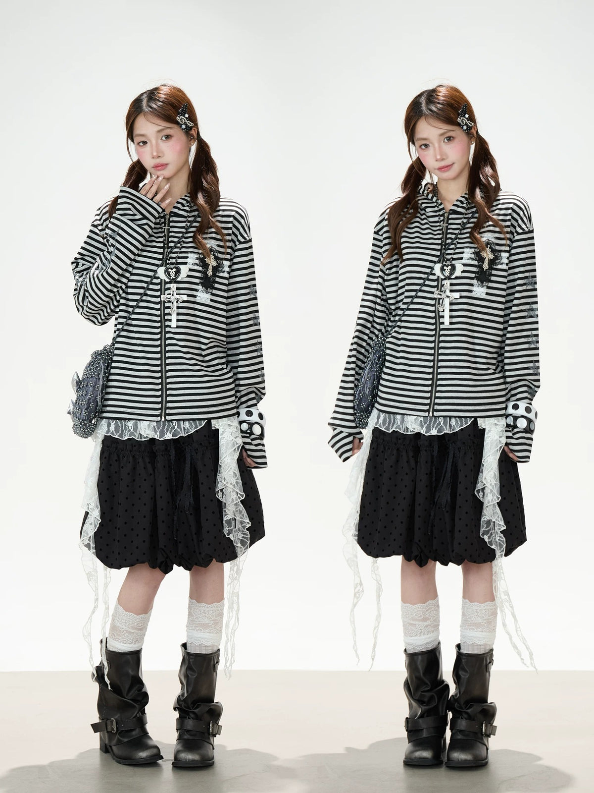 Lace Cross Stripe Zip-Up Hoodie & Black Polka-Dot Ruffle Midi Skirt