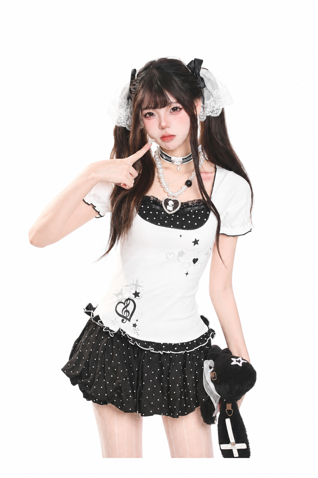 Polka Dot Faux-Layered U-Neck Fitted Tee