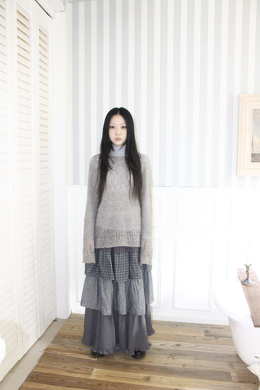 Layered Plaid & Polka Dot Tiered Maxi Skirt
