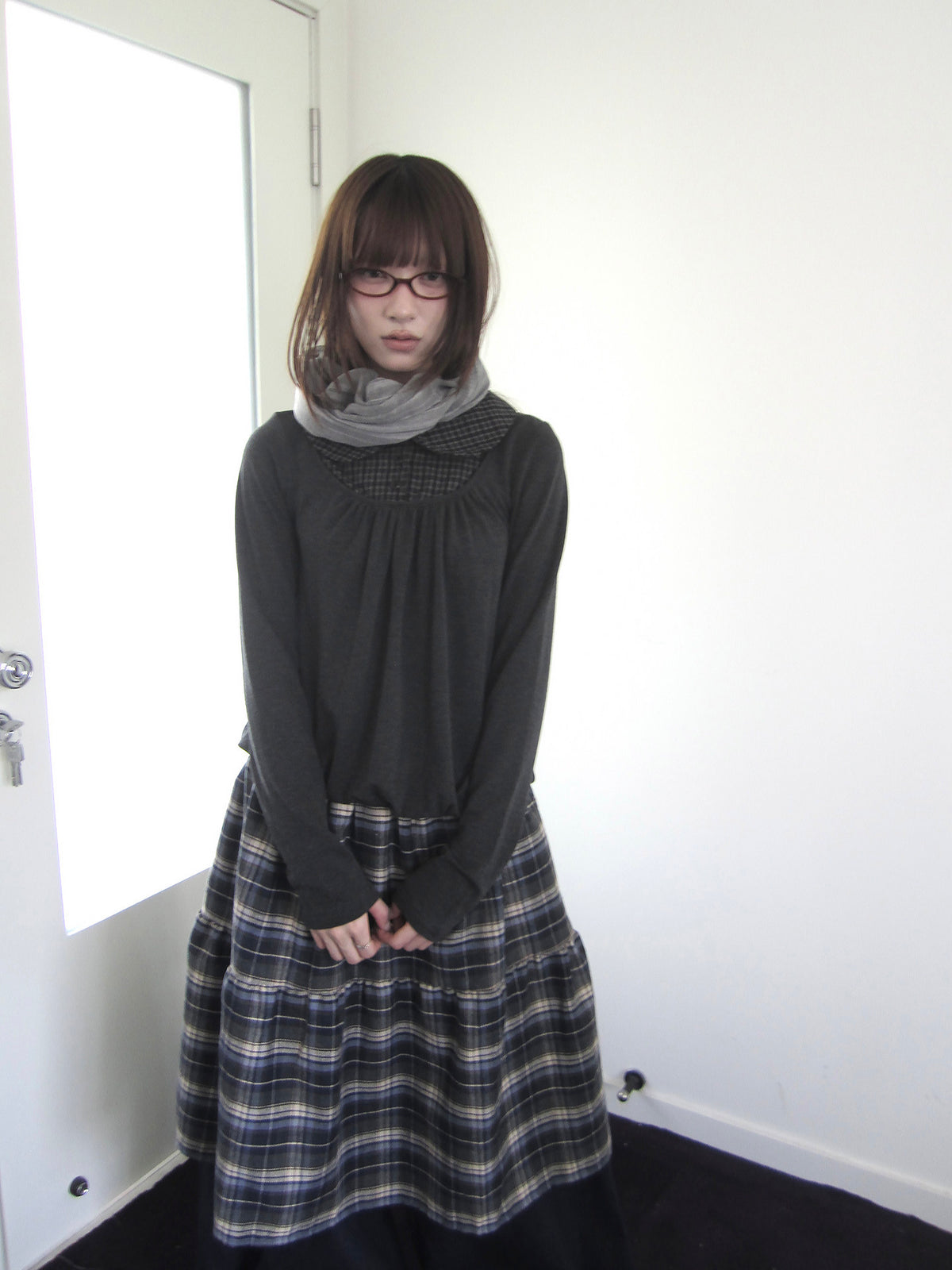 Plaid Collar Gathered Layered Long Sleeve Top