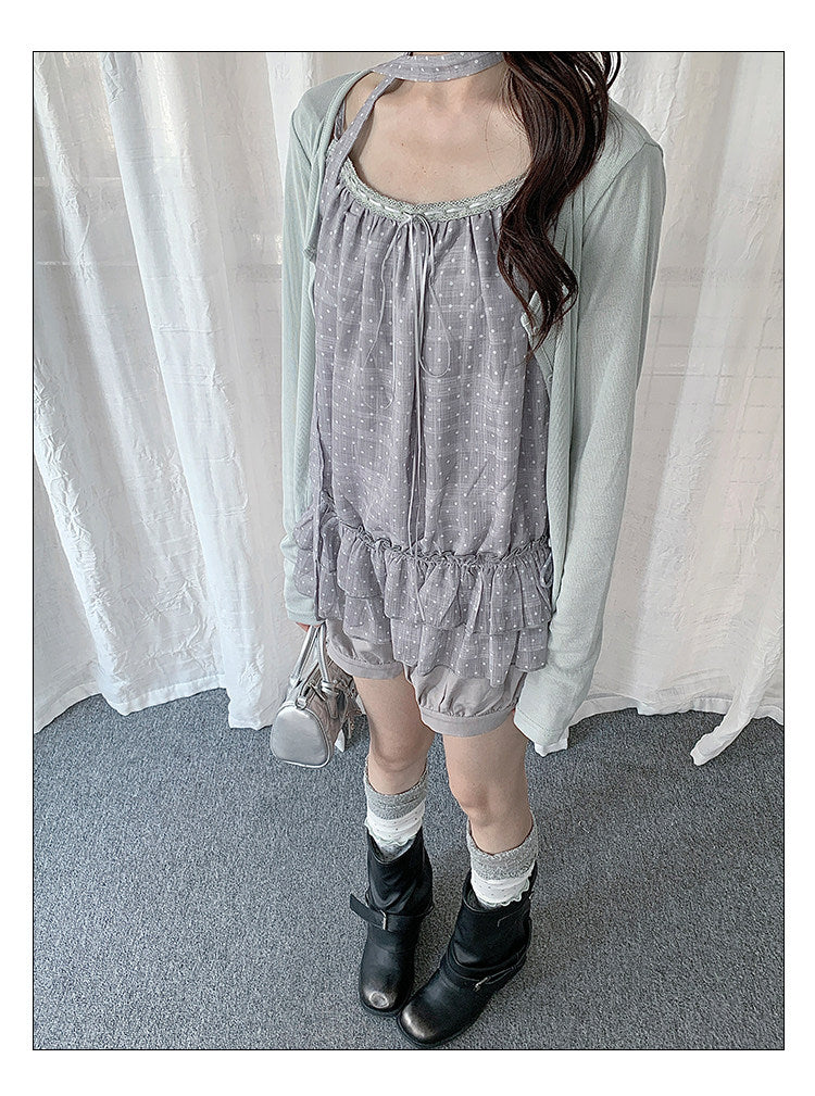 Polka Dot Lace Trim Cami & Cardigan Set