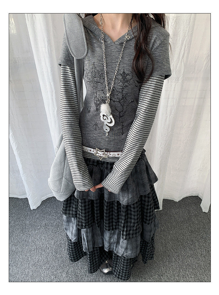 Striped Layered Hooded Graphic Long Sleeve Top