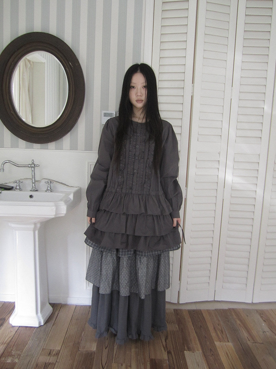 Ruffle-Trim Button Tiered Long Sleeve Tunic Top