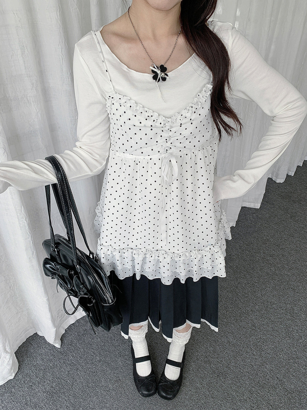 Polka Dot Lace Cami & Long Sleeve Two-Piece Set