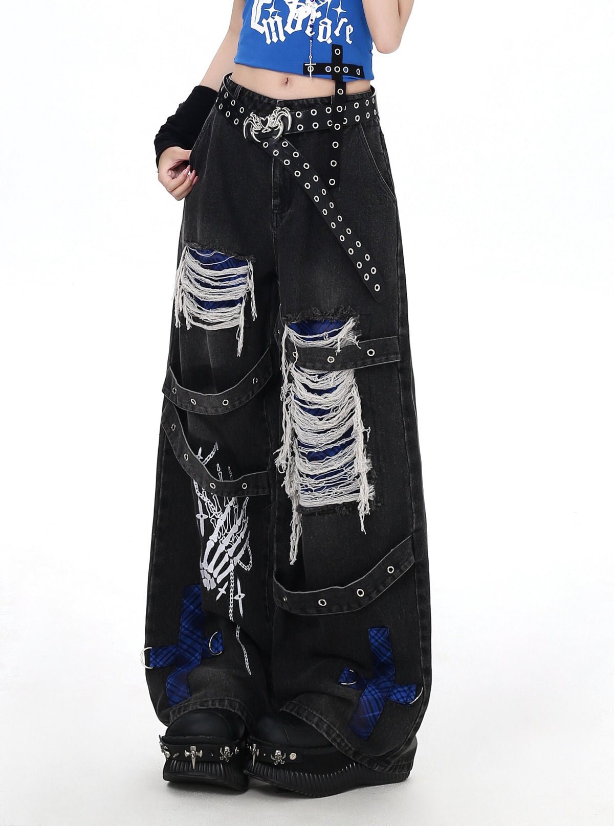 Skeleton Hand Distressed Strap Wide-Leg Jeans