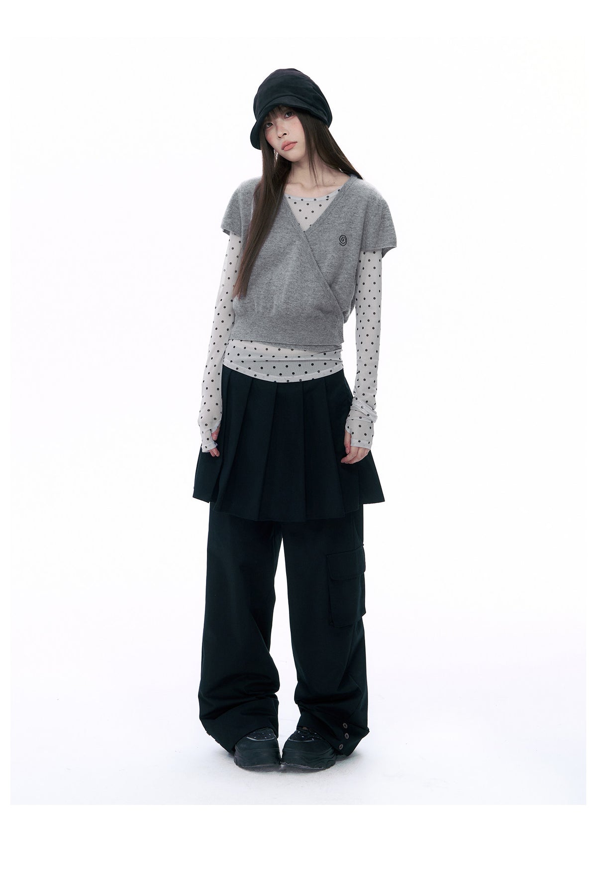 Pleated Skirt-Overlay Cargo Wide-Leg Pants