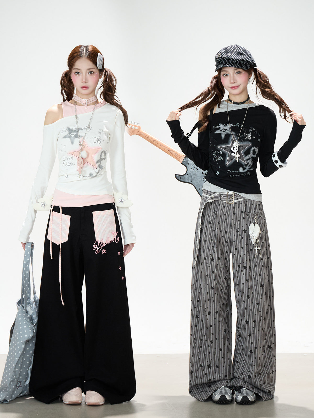 Star Melody Off-Shoulder Long Sleeve Top & Contrast Pocket Wide-Leg Pants