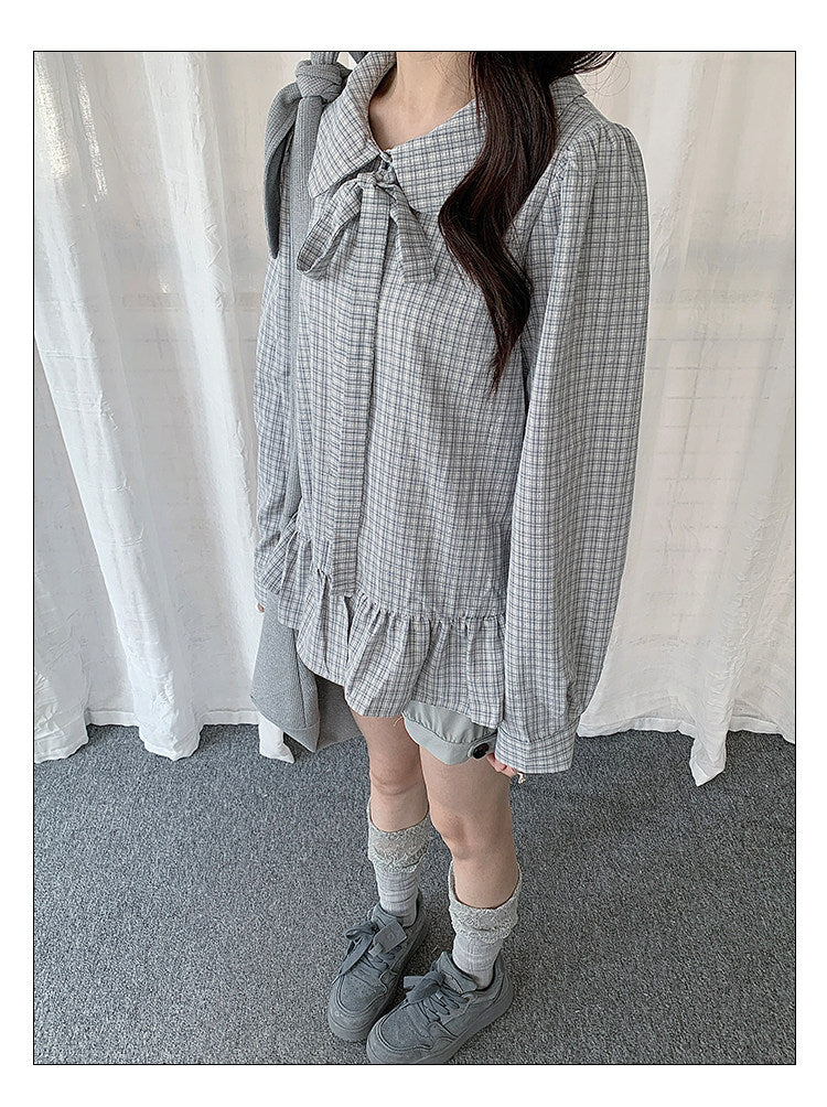 Plaid Bow Collar Ruffle Long Sleeve Blouse