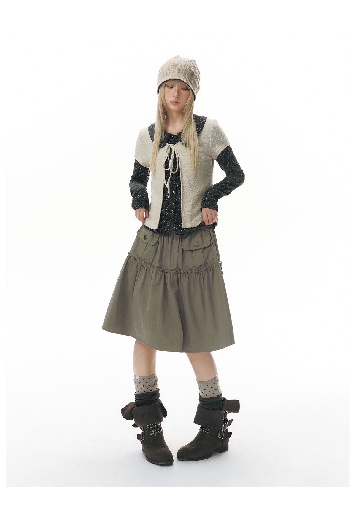 Doll-Collar Long Sleeve & Tie-Front Cardigan Set