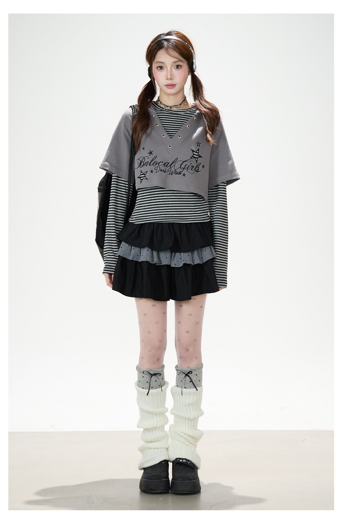 Graphic Cropped Hooded Tee, Striped Layering Long Sleeve Top & Tiered Mini Skirt