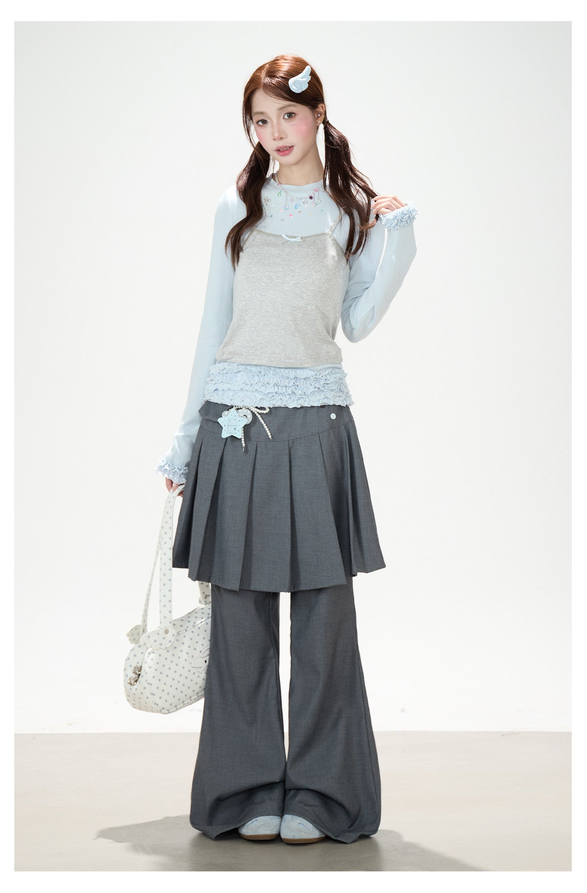 Ruffle Hem Layered Cami Long Sleeve Top & Washed Wide-Leg Jeans
